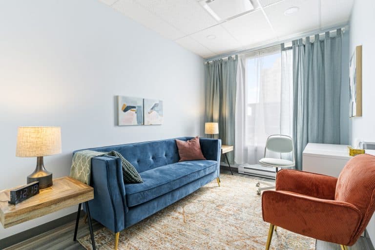 La salle agate de la clinique au Divan bleu, doté d'un canapé en velours bleu, d'un fauteuil confortable en velours côtelé rouille, d'une table basse en bois, d'un tapis aux motifs évoquant l'agate, d'œuvres d'art abstraites sur les murs.