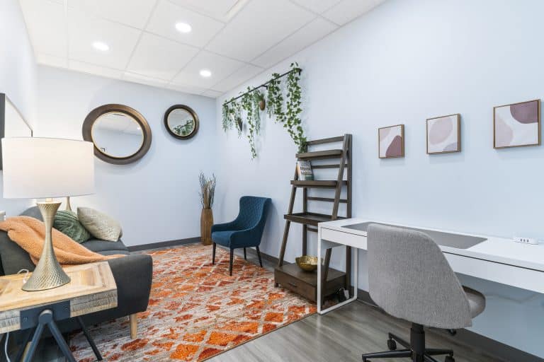 Bureau Onyx à la clinique Divan bleu, avec un espace élégant composé d'un canapé gris accompagné de coussins, d'un fauteuil bleu nuit, d'une table basse en bois et métal, d'un tapis orange à motifs, d'étagères décoratives en bois, et de cadres artistiques aux tons doux accrochés au mur.