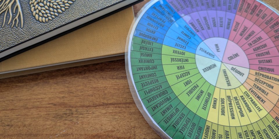 Wheel of emotions for helping children name what they feel.