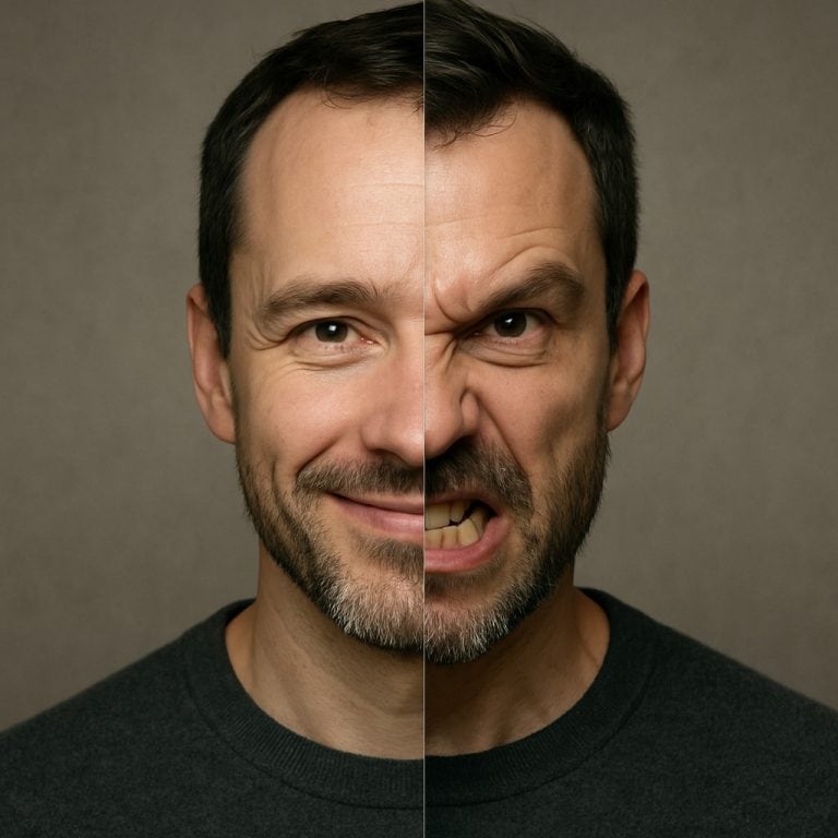 Un visage à moitié souriant, à moitié en colère.