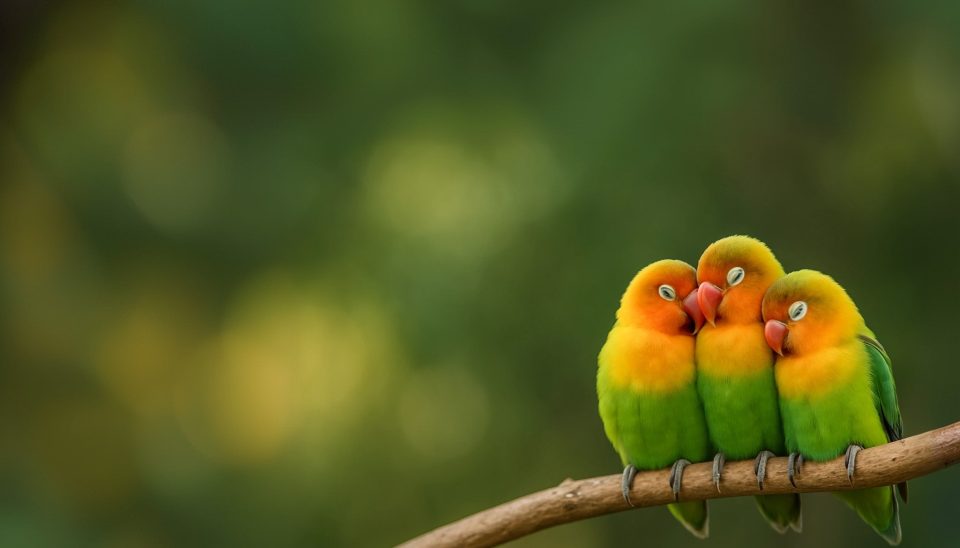 three love birds on a branch